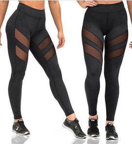 Women's Fashion Yoga Patchwork Mesh Pants Stretch Running Workout Leggings Gym Fitness Tights Two Stripes Design
